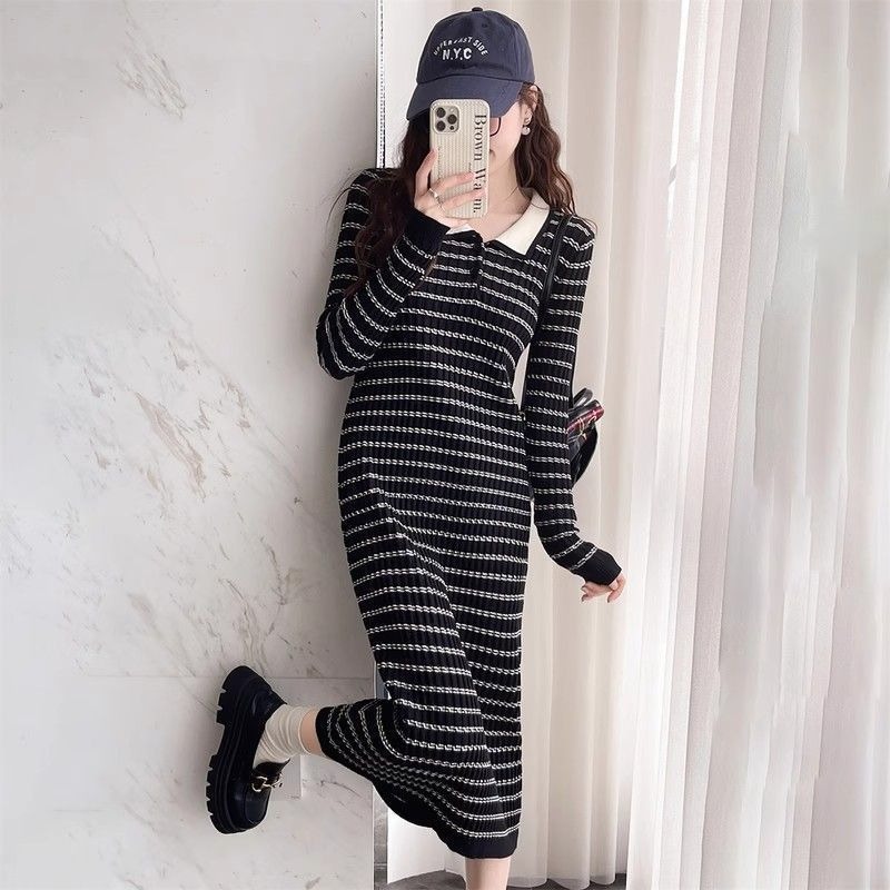 스트라이프 살구색 여성 니트 드레스 캐주얼 루즈핏 오피 - Winter Clothing On Sale 리뷰 및 가격